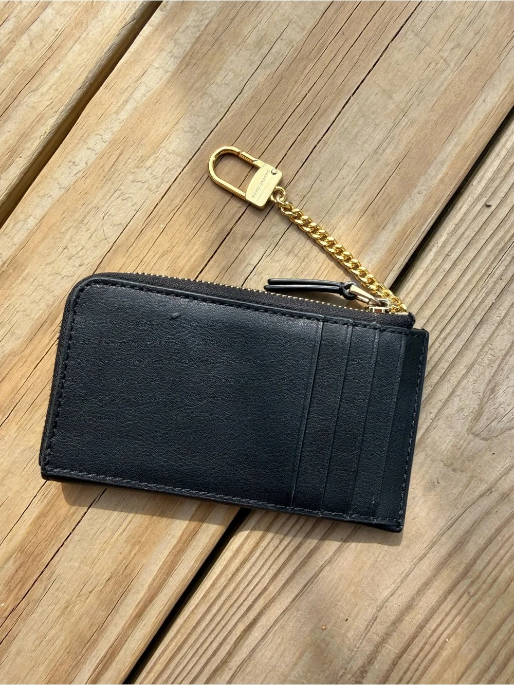 Marc Jacobs Black Leather Zip Card Holder with Gold Hardware